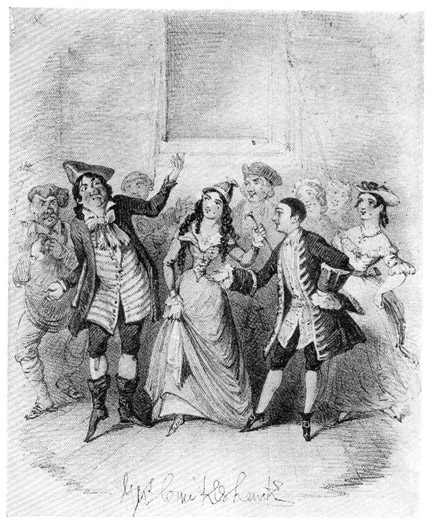 The principal cast of Jack Sheppard at the Adelphi lead the chorus of 'Nix My Dolly Pals'. Sketched by George Cruikshank (1839)